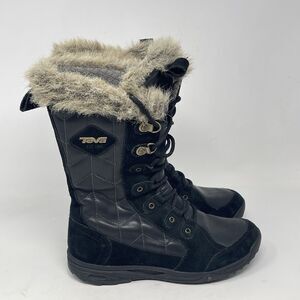 Teva Lenawee Waterproof Boots Womens 5 Black Leather Faux Fur Mid Calf Winter